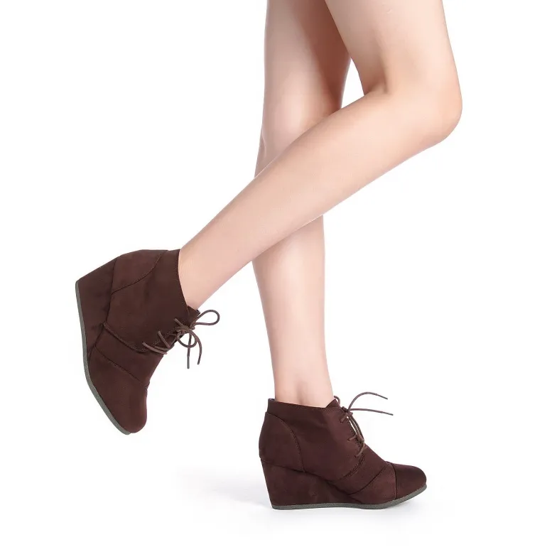 Lace Up Low Wedge Heel Ankle Boots
