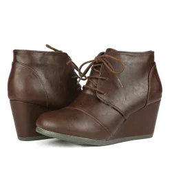 Lace Up Low Wedge Heel Ankle Boots