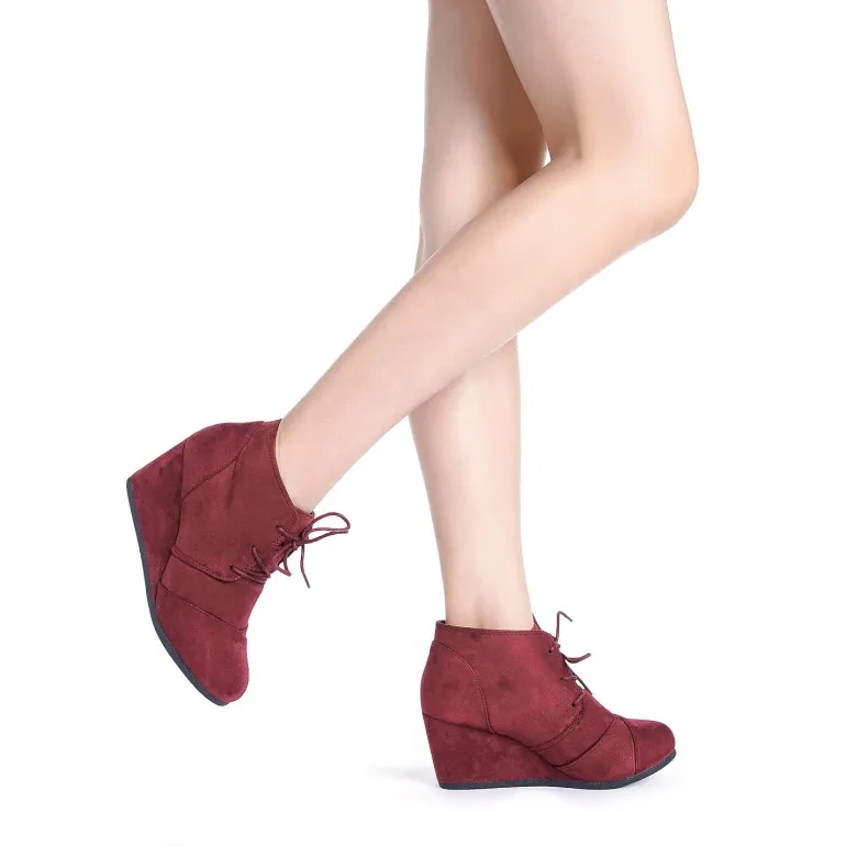Lace Up Low Wedge Heel Ankle Boots