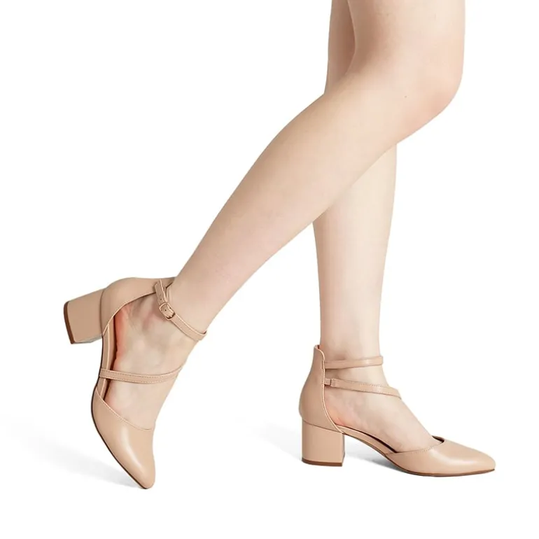 Pointed Toe Strap Chunky Heel Pumps