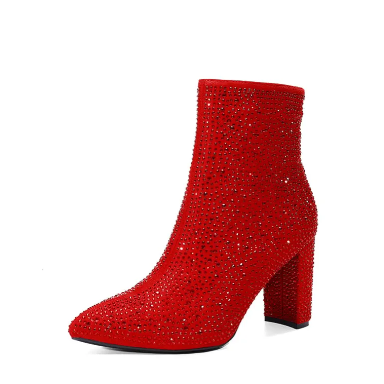 Rhinestone Chunky Heel Ankle Boots