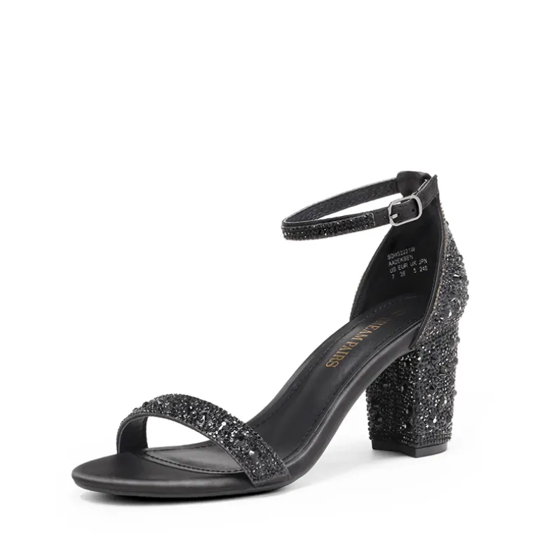 Rhinestone 3-Inch Chunky Heel Sandals