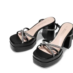 Rhinestone Lace Up Platform Heel Sandals