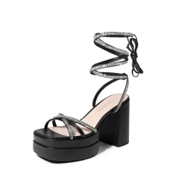 Rhinestone Lace Up Platform Heel Sandals