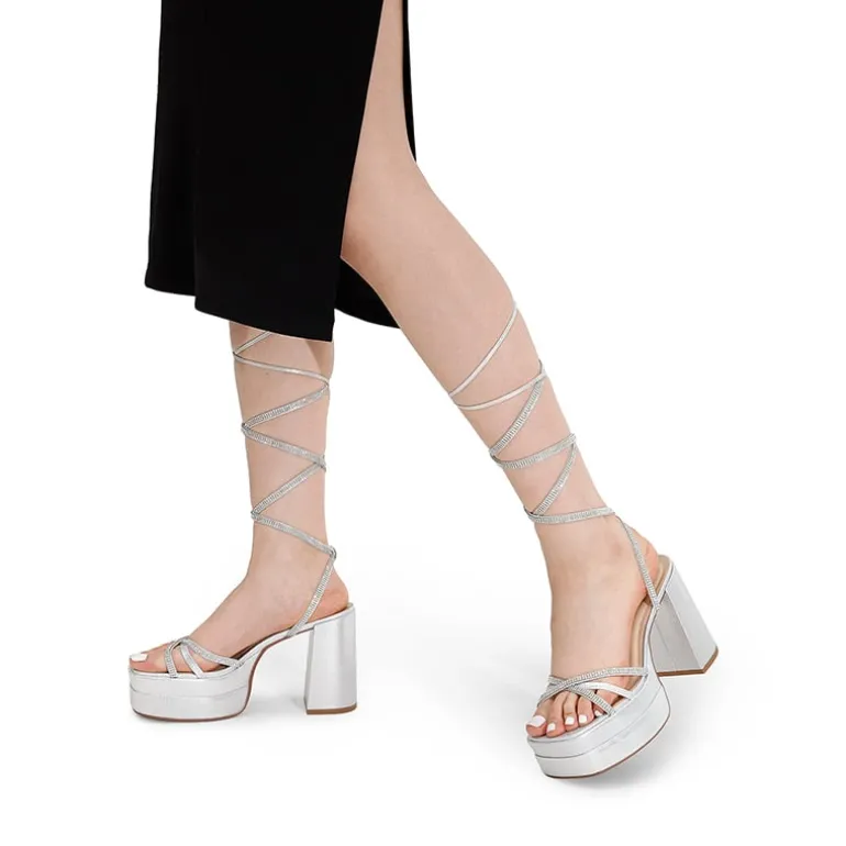 Rhinestone Lace Up Platform Heel Sandals
