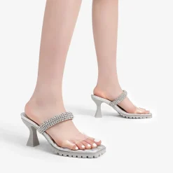 Rhinestone Strap Quilted Heel Sandals