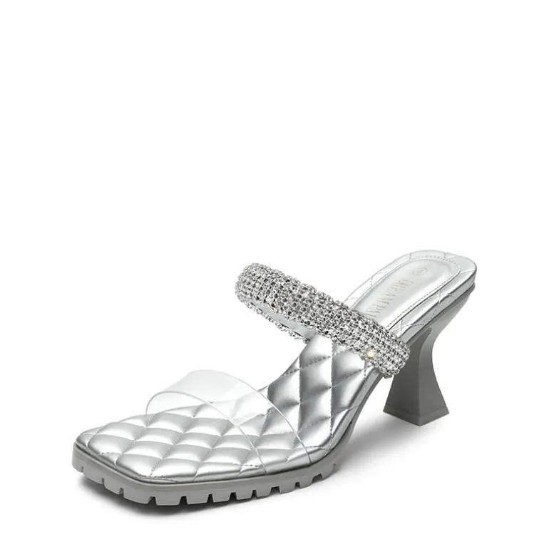Rhinestone Strap Quilted Heel Sandals