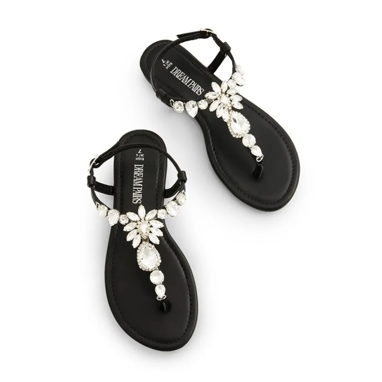 Rhinestone T-Strap Flat Sandals