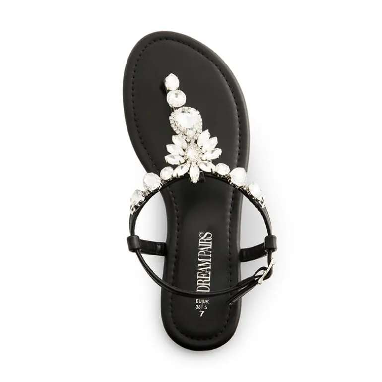 Rhinestone T-Strap Flat Sandals
