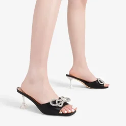 Satin Double Bow Square Toe Transparent Heel Sandals