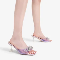 Satin Double Bow Square Toe Transparent Heel Sandals