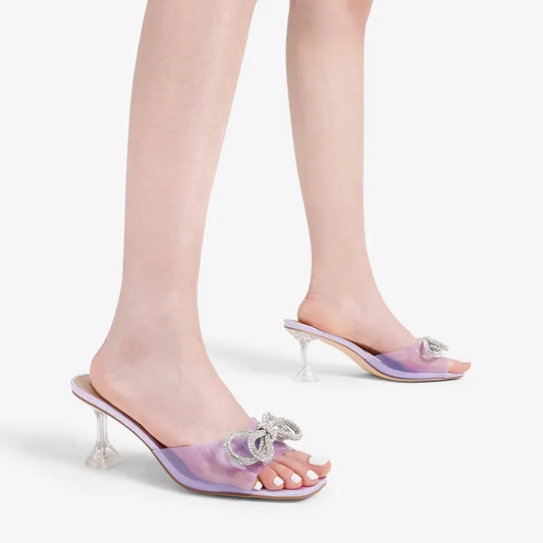 Satin Double Bow Square Toe Transparent Heel Sandals