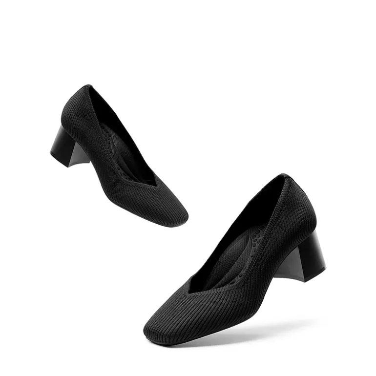 Square Toe Block Heel Knit Pumps
