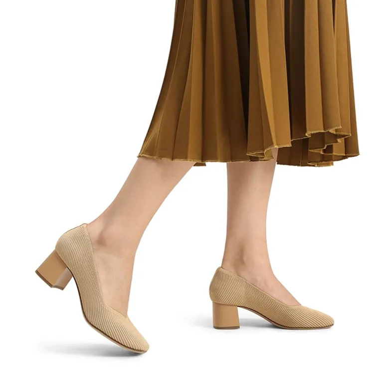 Square Toe Block Heel Knit Pumps
