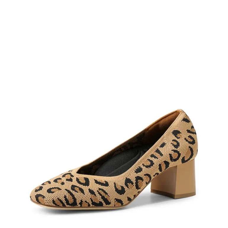 Square Toe Block Heel Knit Pumps