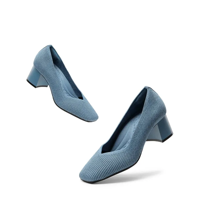 Square Toe Block Heel Knit Pumps