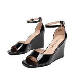 Square-Toe Buckle Strap Wedge Sandals