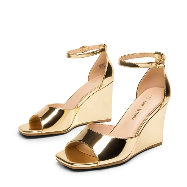 Square-Toe Buckle Strap Wedge Sandals
