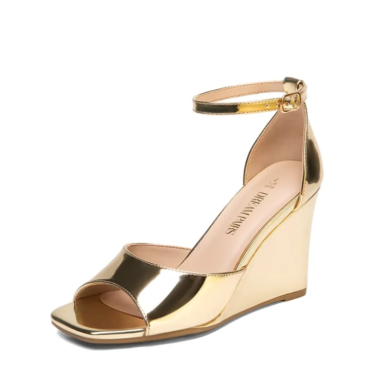 Square-Toe Buckle Strap Wedge Sandals