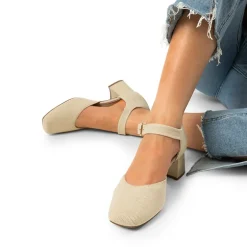 Square Toe Knitted Block Heel Pumps