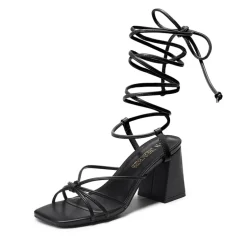 Square Toe Lace Up Block Heel Sandals