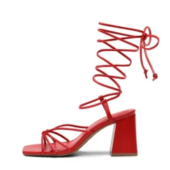 Square Toe Lace Up Block Heel Sandals
