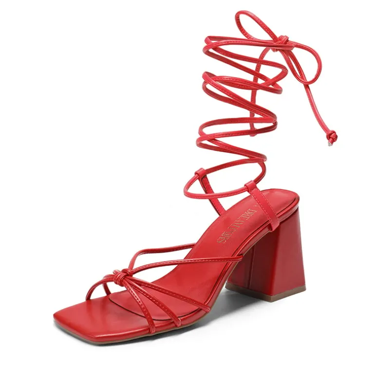 Square Toe Lace Up Block Heel Sandals