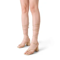 Square Toe Lace Up Block Heel Sandals