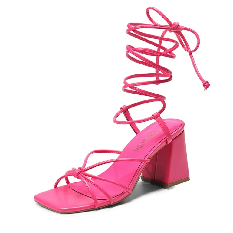 Square Toe Lace Up Block Heel Sandals