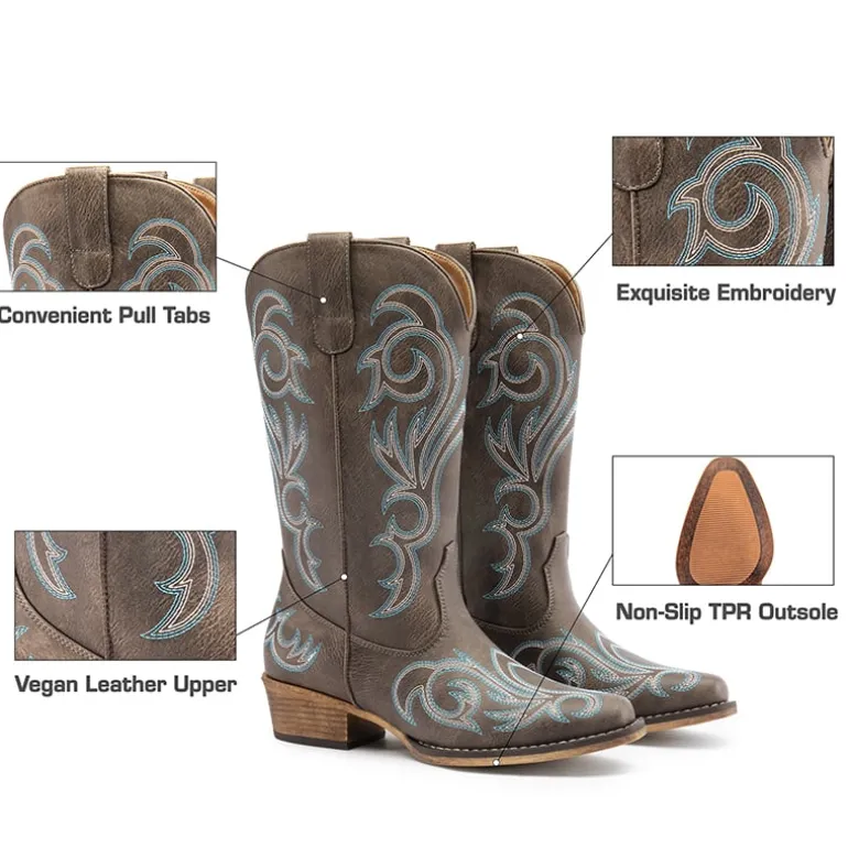 Square-toe Mid-Calf Cowgirl Boots