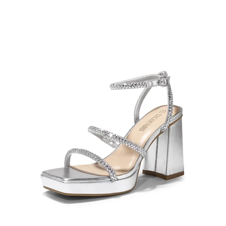 Strappy Chunky Heel Platform Rhinestone Sandals