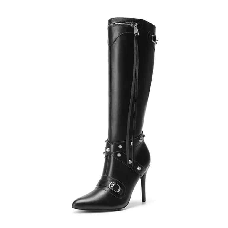 Studded Cross-over Strap Stiletto Heel Boots