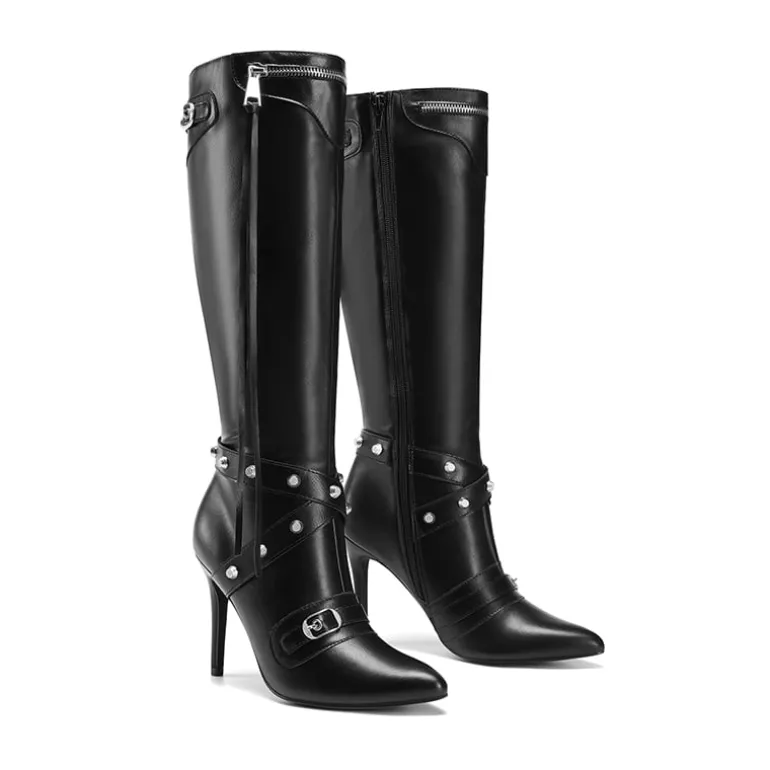 Studded Cross-over Strap Stiletto Heel Boots