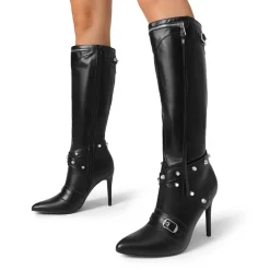 Studded Cross-over Strap Stiletto Heel Boots
