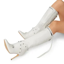 Studded Cross-over Strap Stiletto Heel Boots