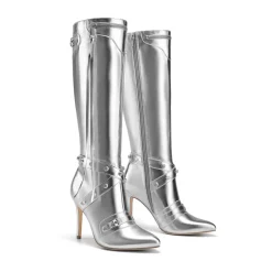 Studded Cross-over Strap Stiletto Heel Boots