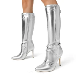 Studded Cross-over Strap Stiletto Heel Boots