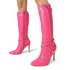 Studded Cross-over Strap Stiletto Heel Boots