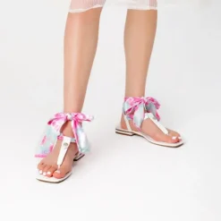 T-Strap Thong Flat Sandals With Silk Ribbon
