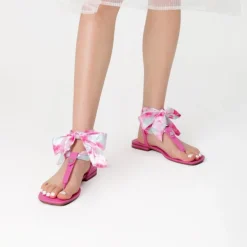 T-Strap Thong Flat Sandals With Silk Ribbon