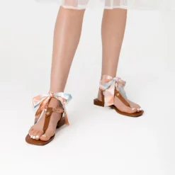T-Strap Thong Flat Sandals With Silk Ribbon
