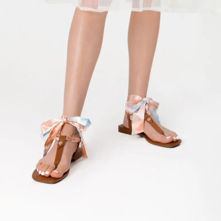T-Strap Thong Flat Sandals With Silk Ribbon