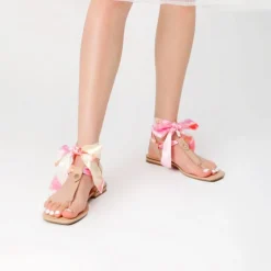 T-Strap Thong Flat Sandals With Silk Ribbon