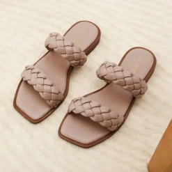 Two Straps Square Toe Braided Flat Sandals
