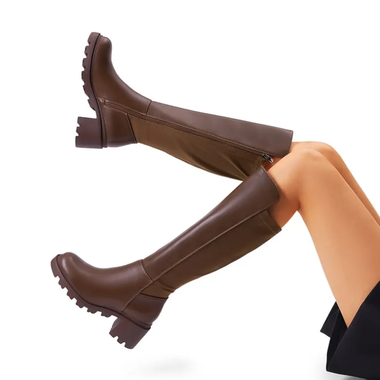 Vegan Leather Chunky Stretch Knee-High Boots