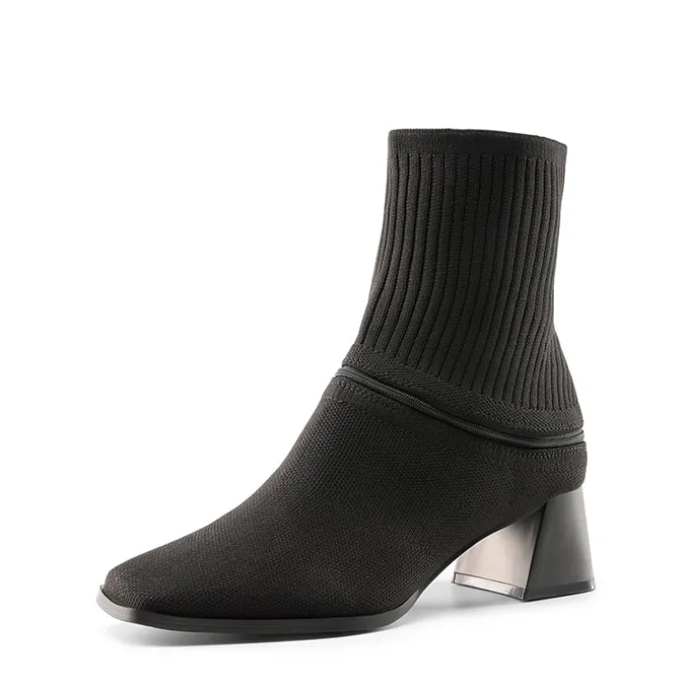 Waterproof Block Heel Knit Ankle Boots