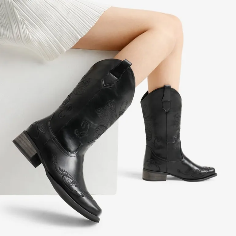 Wide-calf Square Toe Embroidered Cowboy Boots