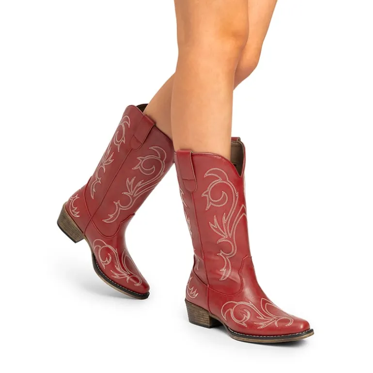 Wide-calf Square-toe Mid-Calf Cowgirl Boots