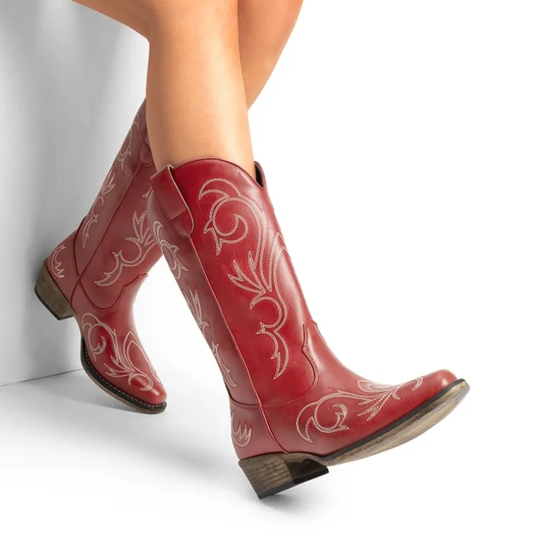 Wide-calf Square-toe Mid-Calf Cowgirl Boots