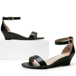 Wide-Toe Ankle Strap Low Wedge Sandals